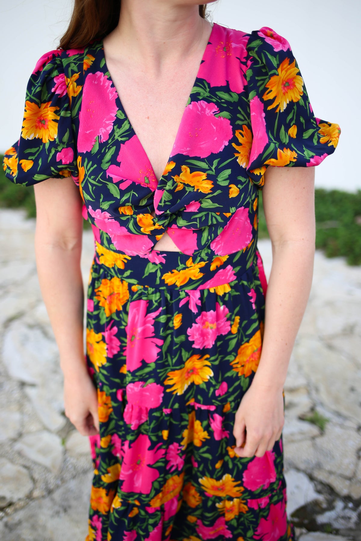 Navy Pink and Yellow Floral Print Midi Dress | Boutique Elise | Delilah Entro