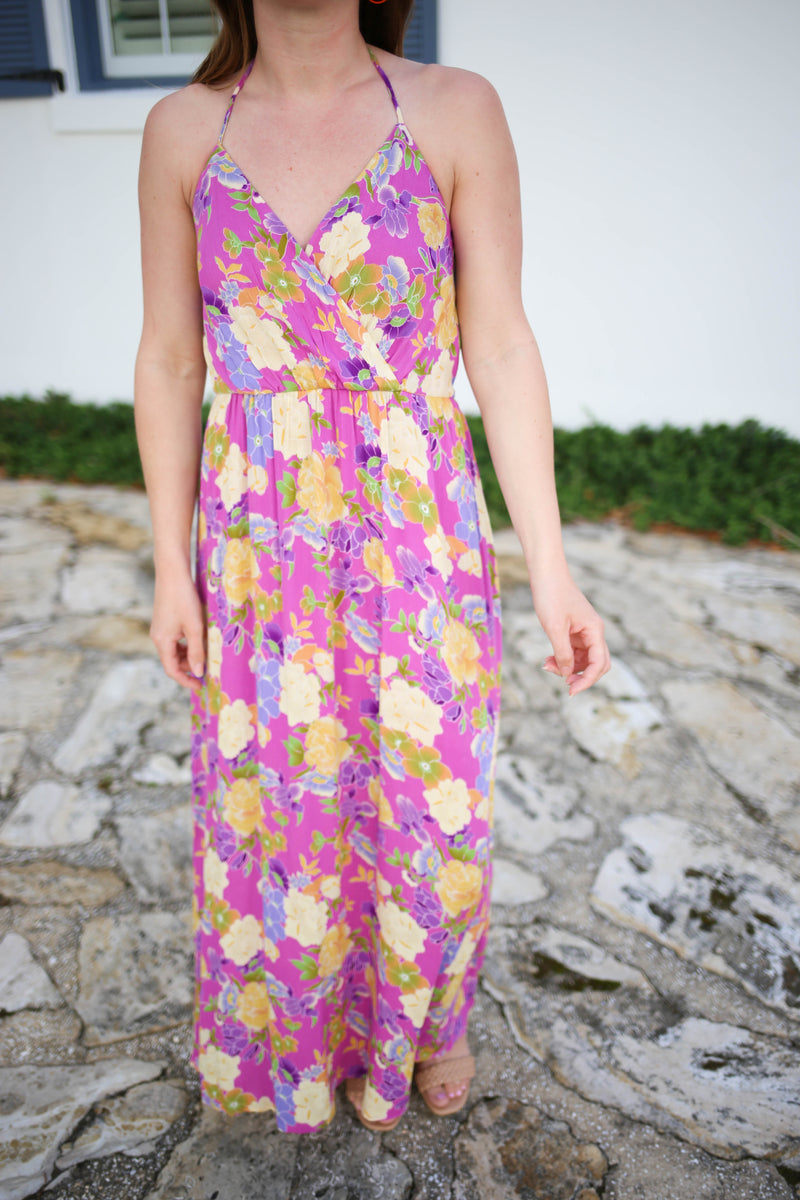 purple floral print halter maxi dress