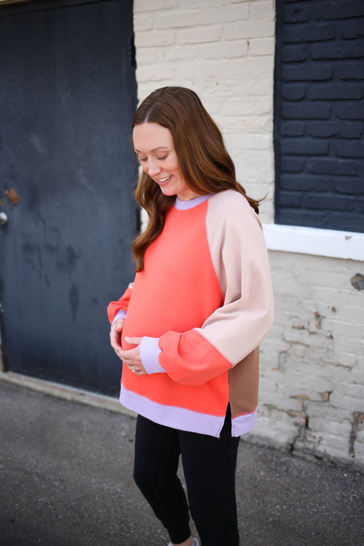 Coral and Purple Colorblock Pullover Sweatshirt | Boutique Elise | Tracie Easel