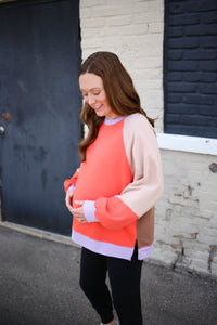 Coral and Purple Colorblock Pullover Sweatshirt | Boutique Elise | Tracie Easel