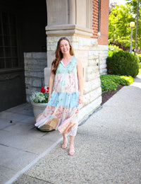 sage and blue floral tiered midi dress