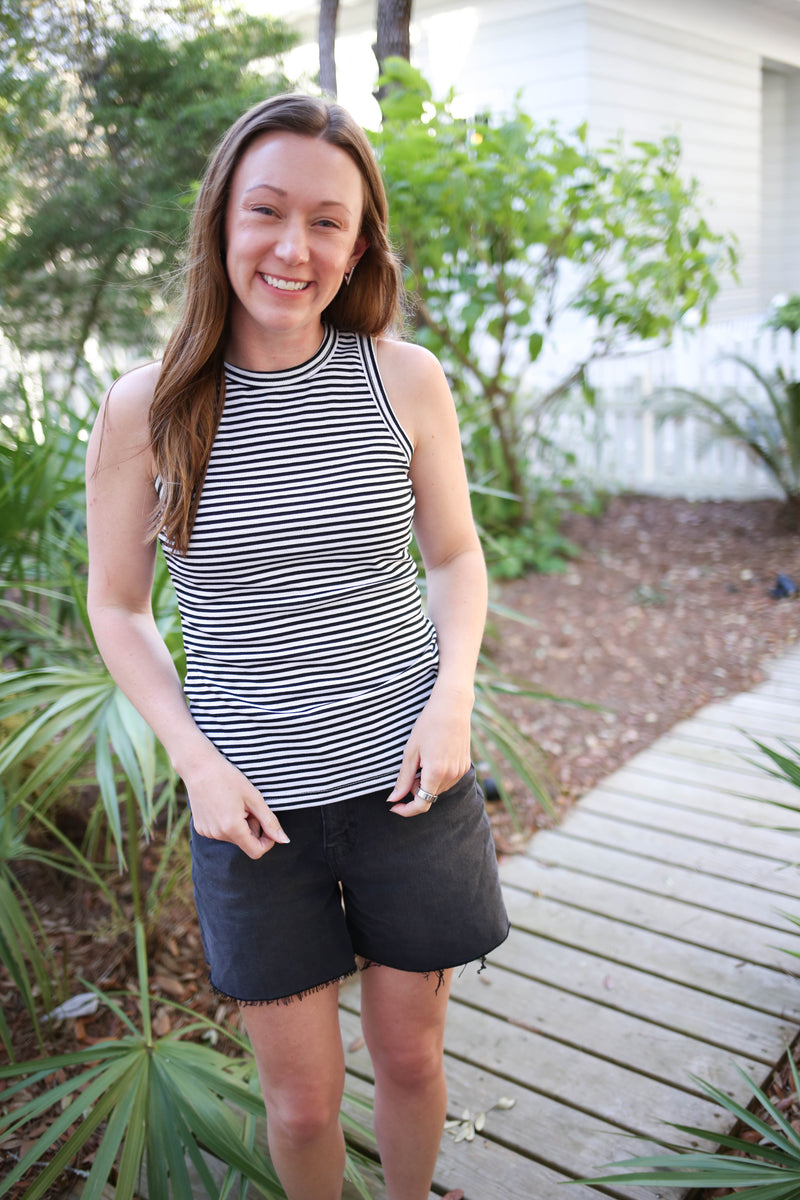 black and white stripe ribbed tank top