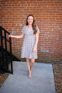 grey yellow and pink printed dress
