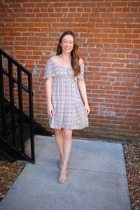 grey yellow and pink printed dress