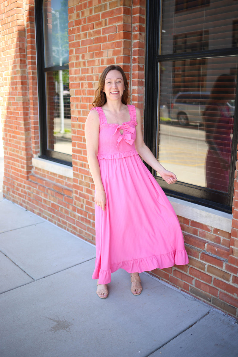 Bright Pink Smocked Detail Maxi Dress | Boutique Elise | Tori Blu Pepper