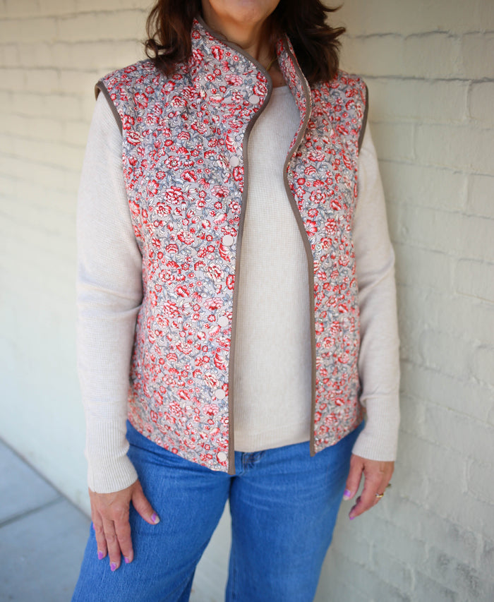 Red and Taupe Floral Print Quilted Vest | Boutique Elise | Quinn Staccato