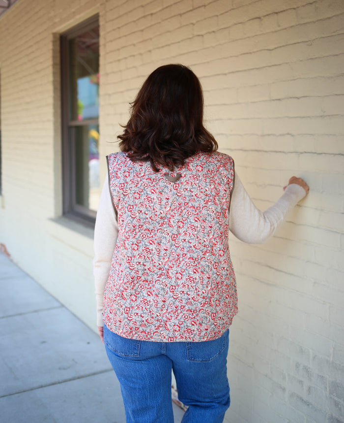 Red and Taupe Floral Print Quilted Vest | Boutique Elise | Quinn Staccato