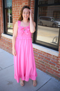 bright pink smocked detail maxi dress