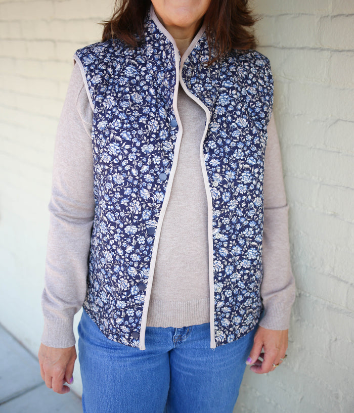 Navy and Taupe Floral Print Quilted Vest | Boutique Elise | Molly Staccato