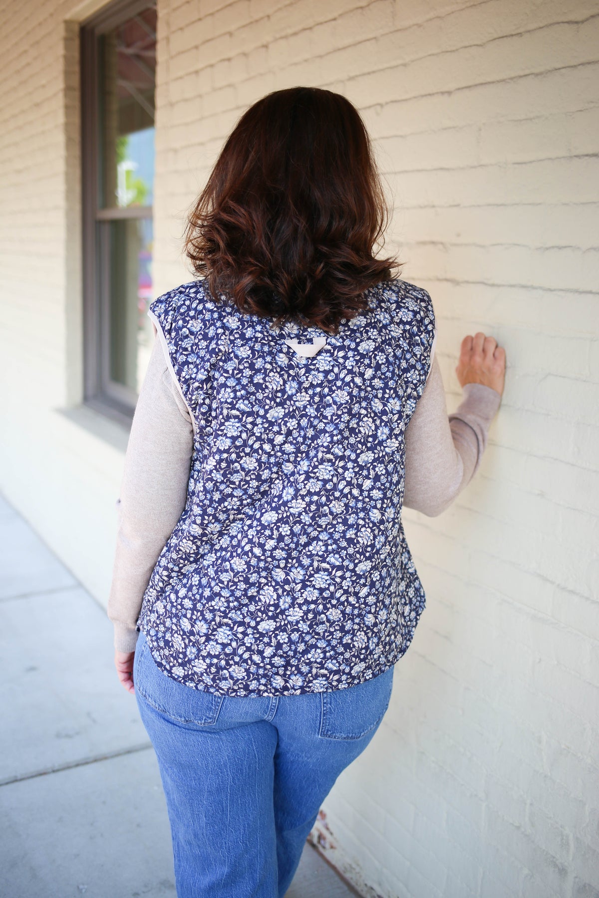 Navy and Taupe Floral Print Quilted Vest | Boutique Elise | Molly Staccato