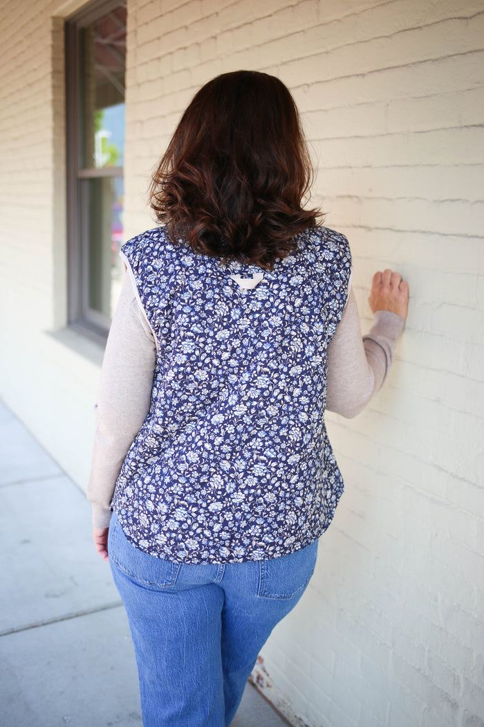 Navy and Taupe Floral Print Quilted Vest | Boutique Elise | Molly Staccato