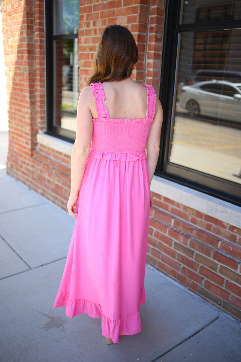 bright pink smocked detail maxi dress