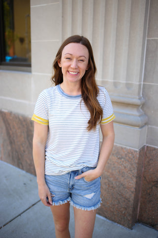 navy and yellow stripe short sleeve top
