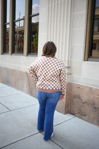 Mocha Checkerboard Crewneck Sweater | Boutique Elise | Candace Staccato