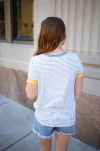 navy and yellow stripe short sleeve top