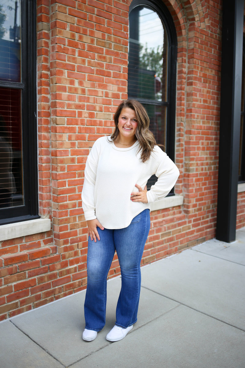 Oatmeal Drop Shoulder Long Sleeve Top | Boutique Elise | Lynn Blu Pepper