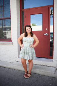 sage green floral print tiered ruffle dress