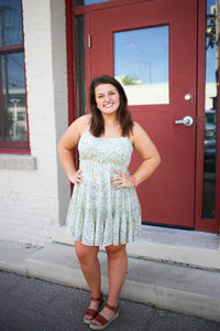 sage green floral print tiered ruffle dress