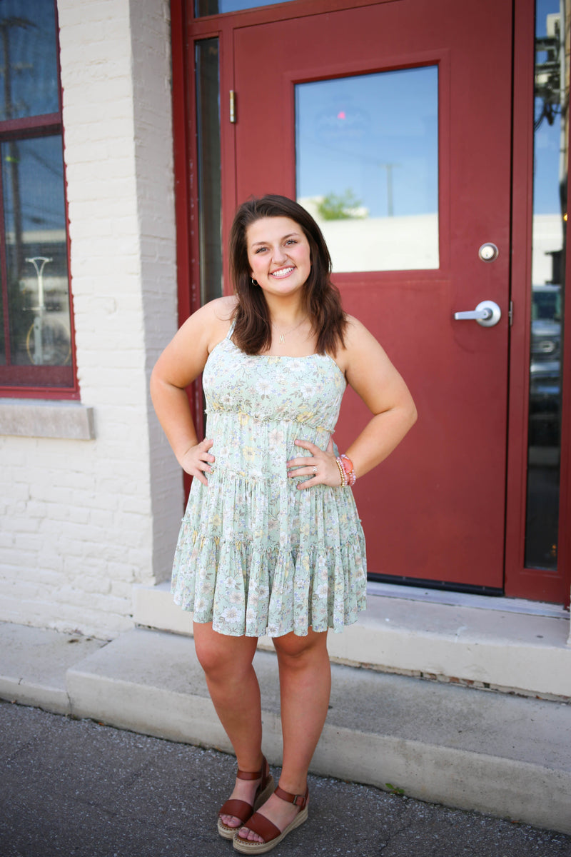 sage green floral print tiered ruffle dress