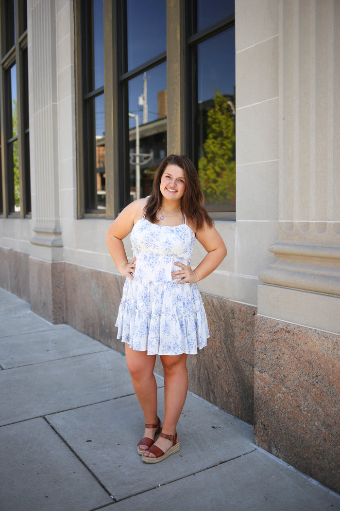 Blue and White Floral Print Spaghetti Strap Dress | Boutique Elise | Sienna Blu Pepper