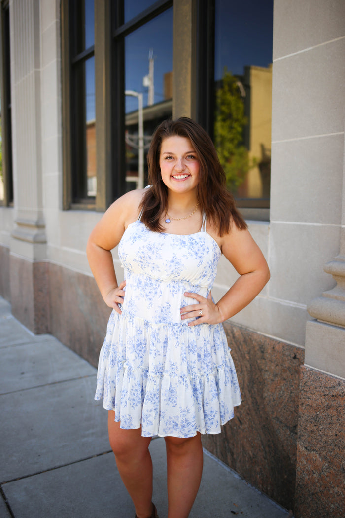 Blue and White Floral Print Spaghetti Strap Dress | Boutique Elise | Sienna Blu Pepper