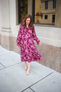Plum Floral Print Long Sleeve Dress | Boutique Elise | Lexi Easel