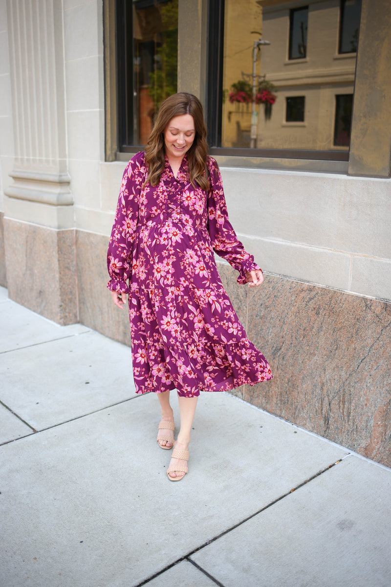 Plum Floral Print Long Sleeve Dress | Boutique Elise | Lexi Easel