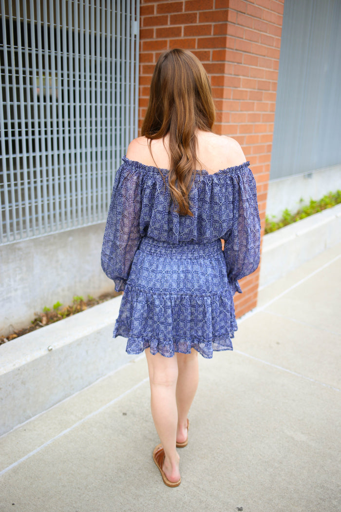 Navy Printed Smocked and Ruffle Skirt | Boutique Elise | Kelsey Blu Pepper