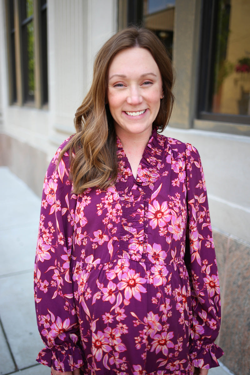 Plum Floral Print Long Sleeve Dress | Boutique Elise | Lexi Easel