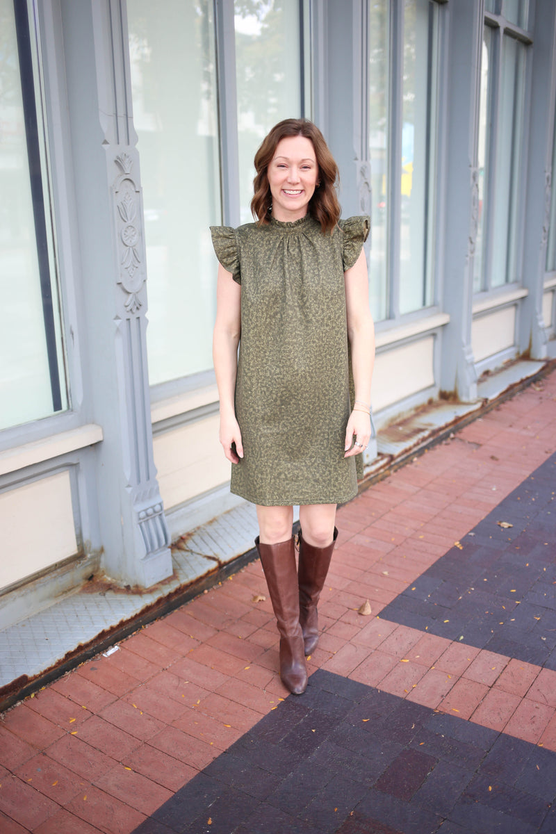 Olive printed ruffle detail dress