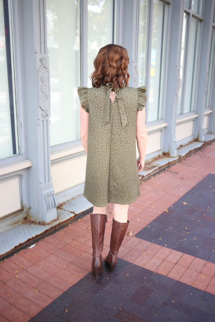 Olive Sleeveless Ruffle Shift Dress| Riley Small Olive Sleeveless Ruffle Shift Dress| Riley Small
