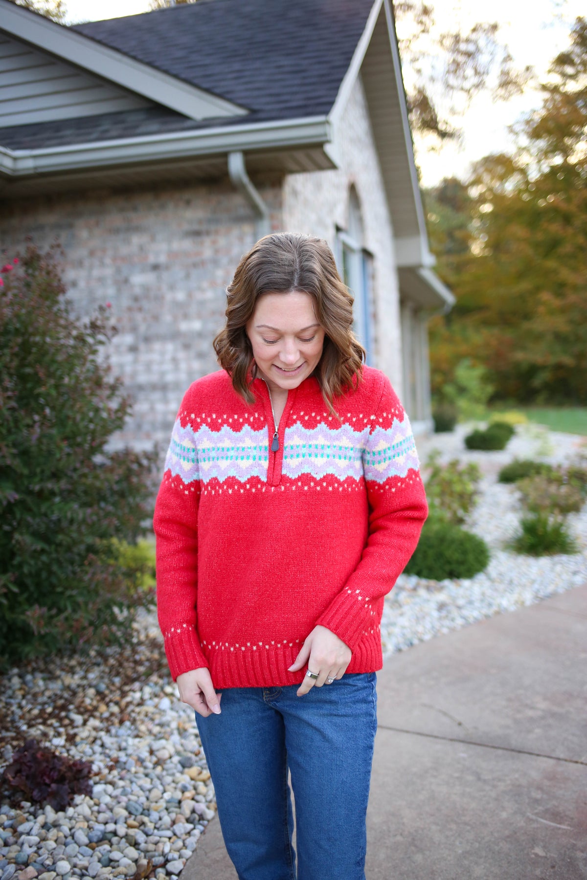 red fair isle half-zip sweater