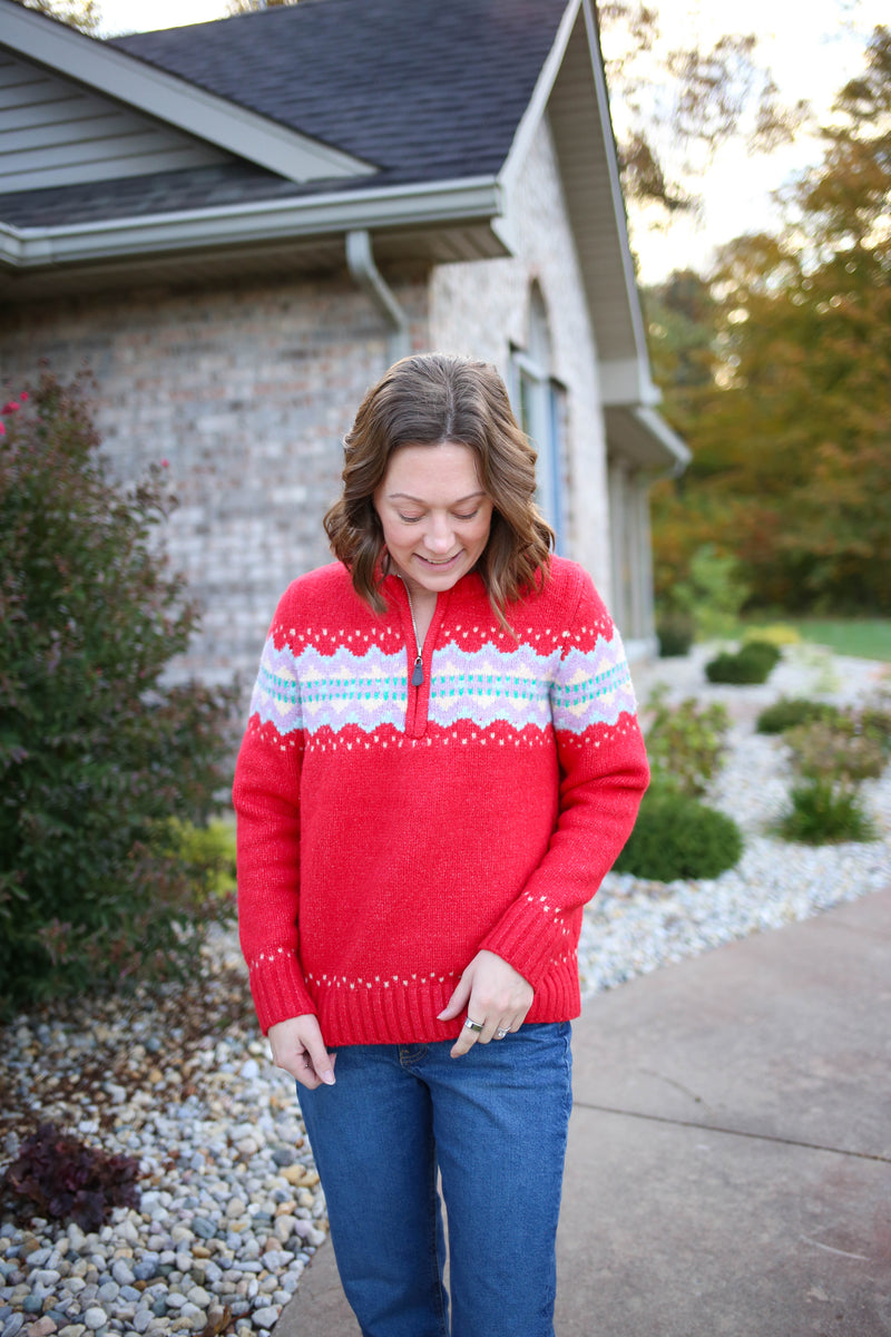 red fair isle half-zip sweater