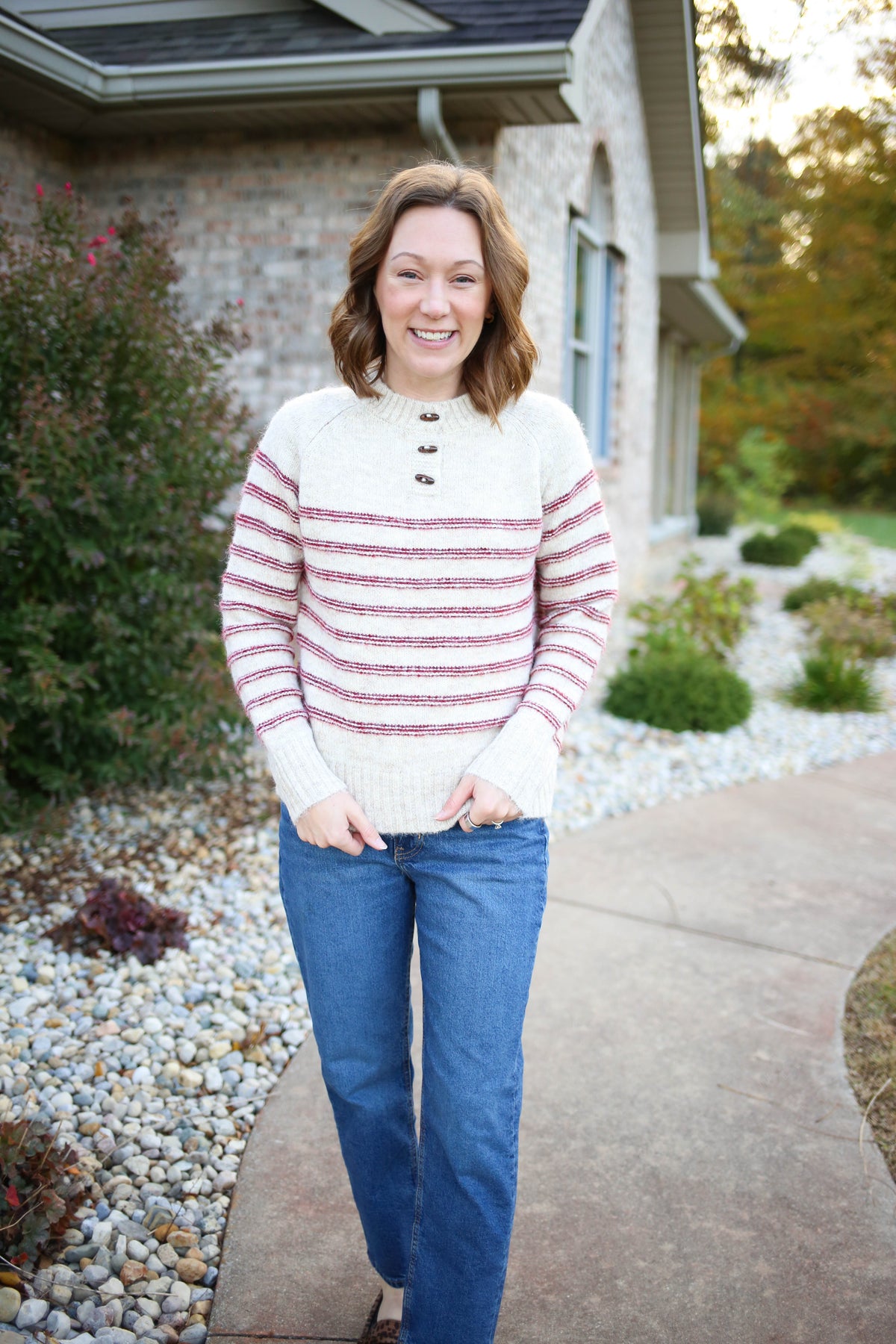 Oatmeal Knit Sweater with Red Stripes and Toggle Button Neckline
