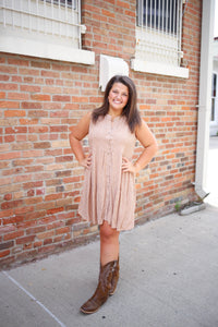 brown and cream sleeveless dress