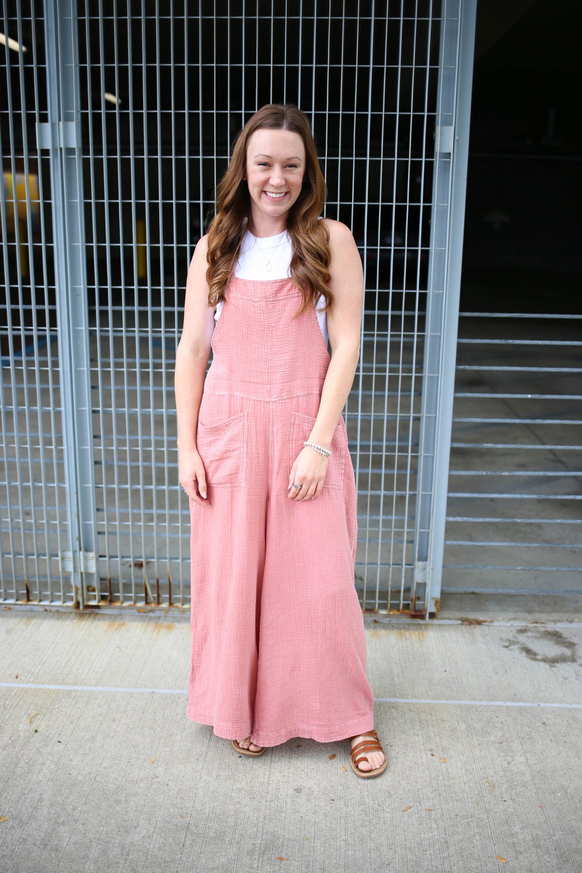 pink mineral washed linen overalls