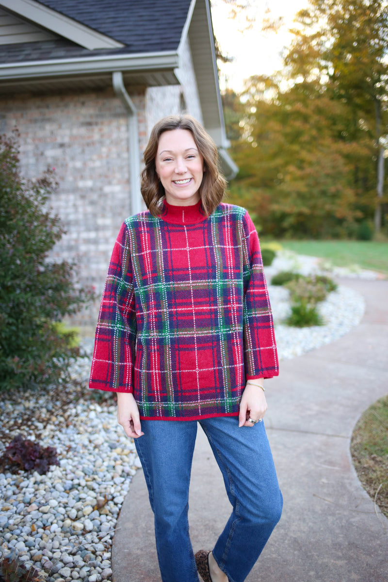Red green and navy plaid mock neck sweater