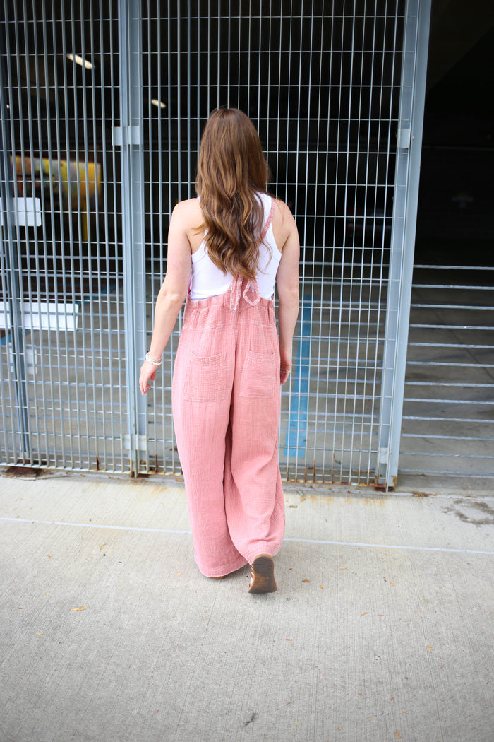 pink mineral washed linen overalls