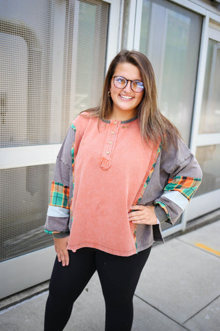 rust mineral wash and plaid oversized top