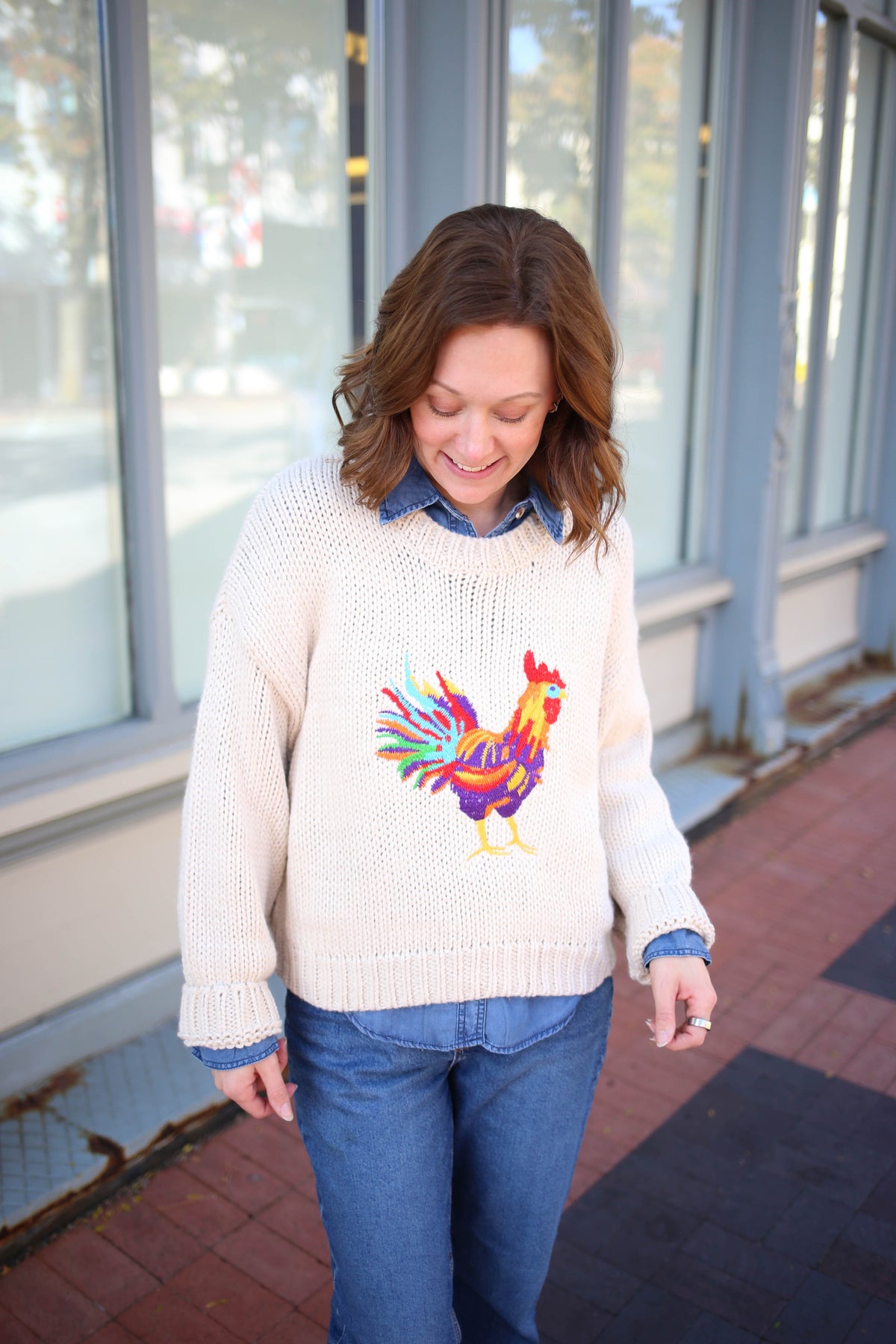 Oatmeal Knit Sweater with embroidered rooster 