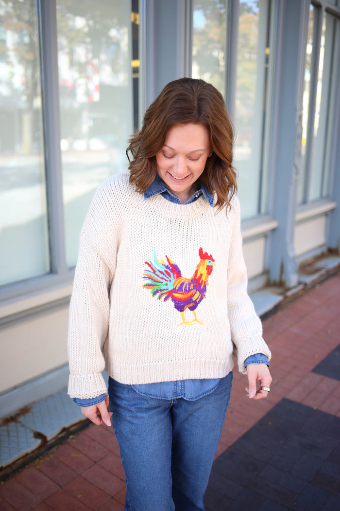 Oatmeal Knit Sweater with embroidered rooster 