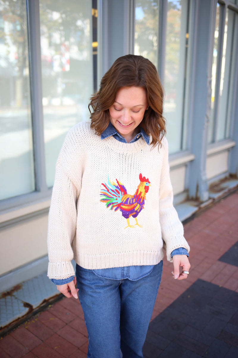 Oatmeal Knit Sweater with embroidered rooster 