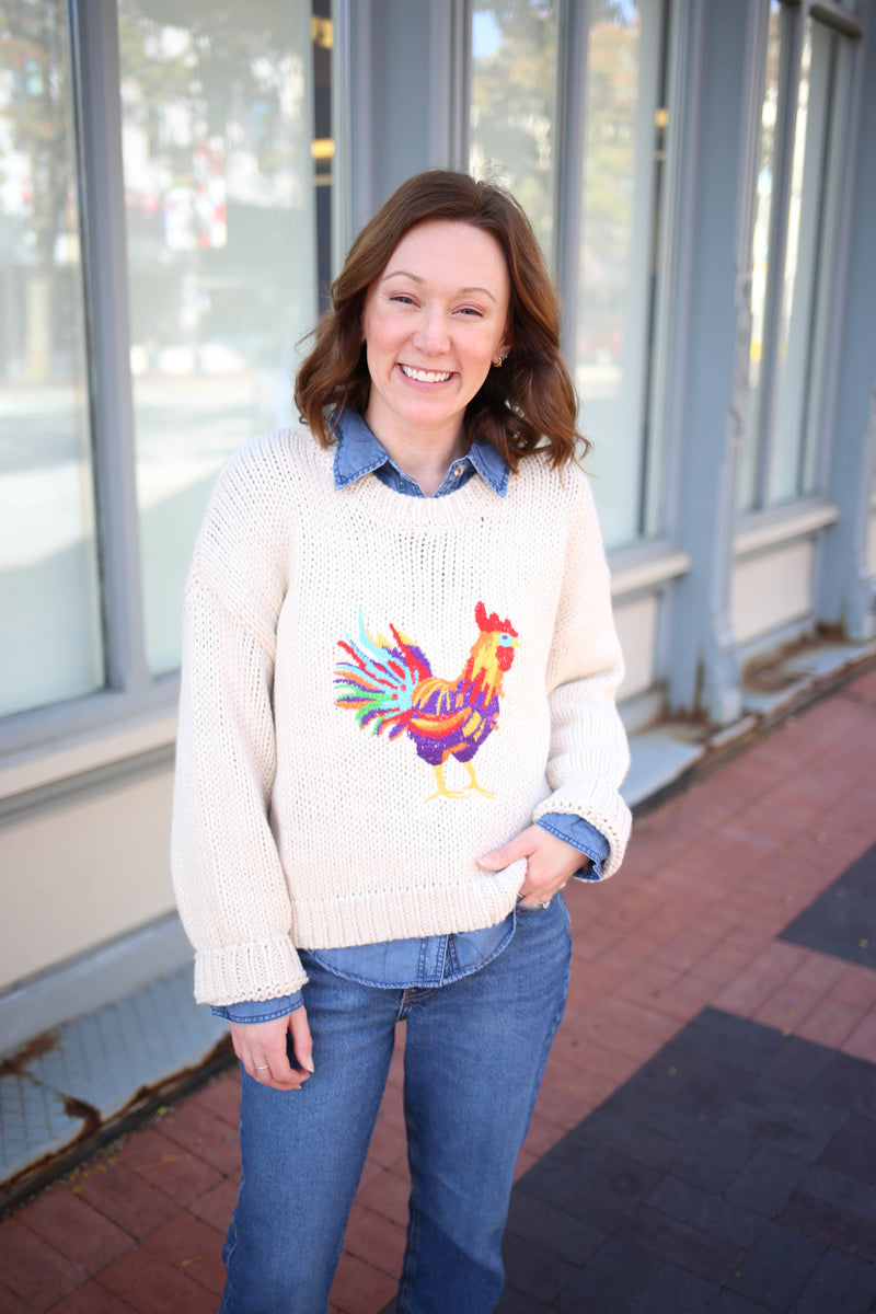 Oatmeal Rooster Embroidered Sweater Dreamers