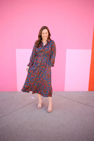 Teal Printed Midi Dress | Boutique Elise | Molly Easel