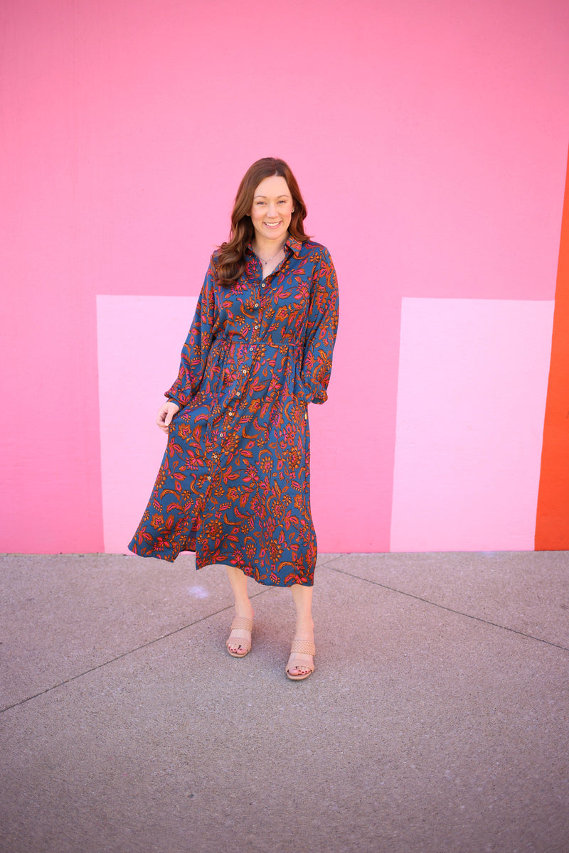 Teal Printed Midi Dress | Boutique Elise | Molly Easel
