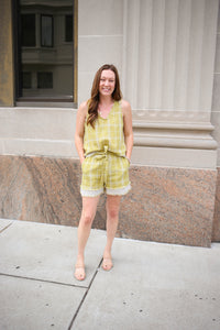 Chartreuse Green Plaid Tie Waist Shorts | Boutique Elise | Cassidy Hem & Thread