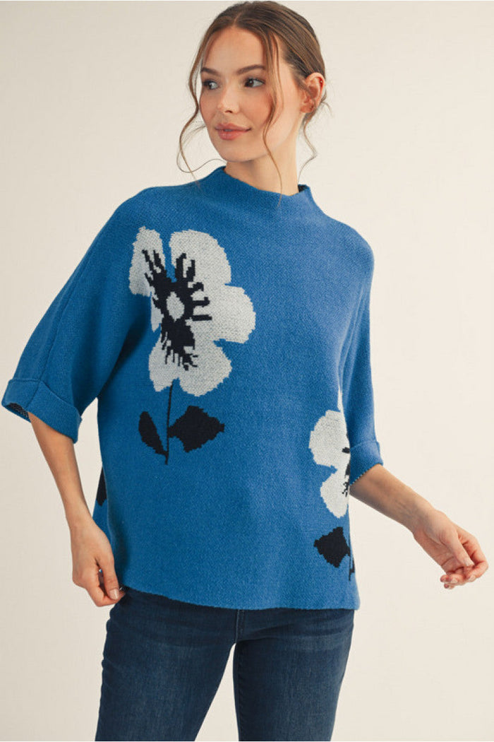 Bright Blue Floral 3 Quarter Sleeve Sweater | Quinn Jodifl