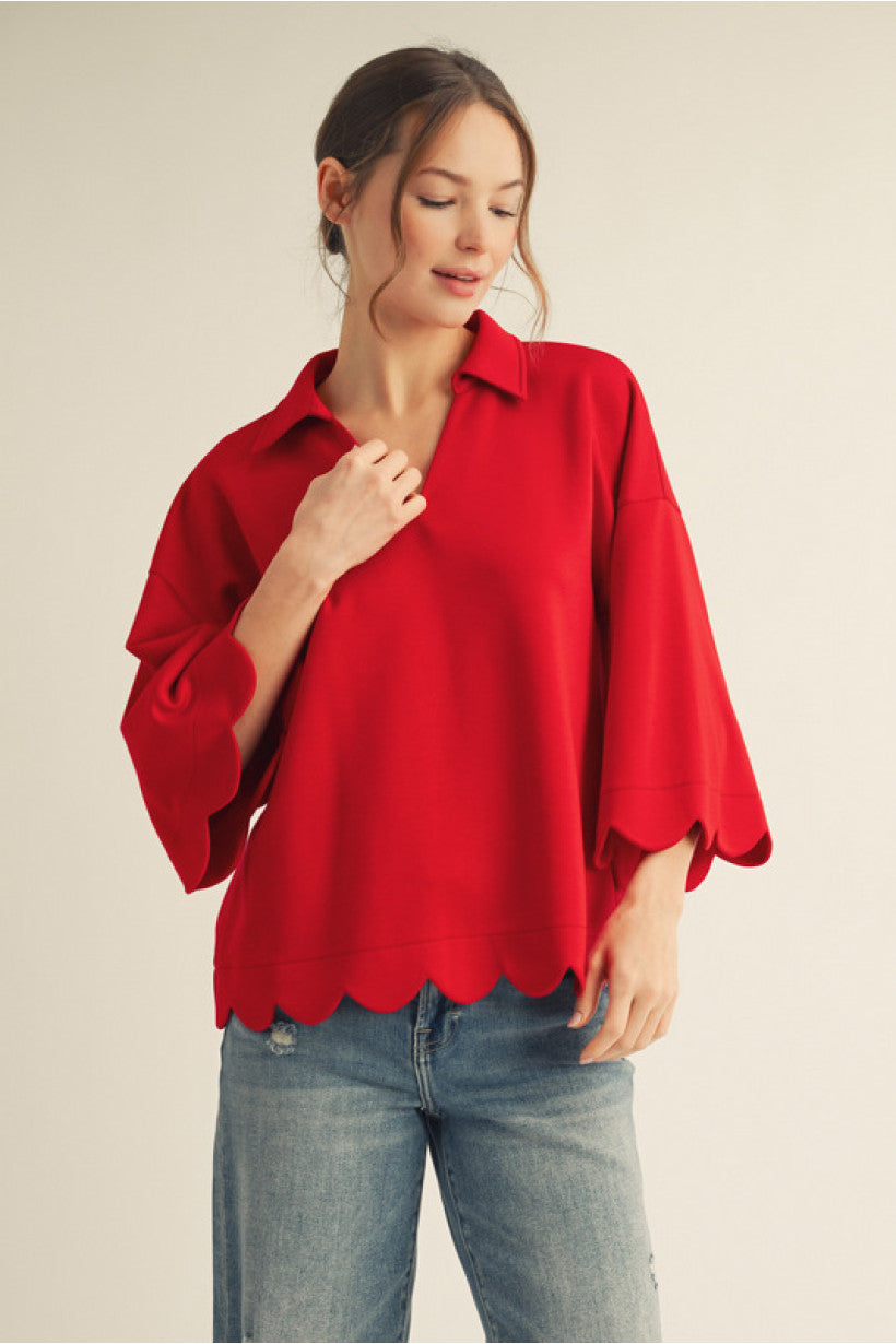 Bright Red 3/4 Sleeve Scallop Detail Top | Brielle Jodifl
