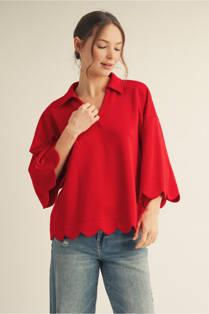Bright Red 3/4 Sleeve Scallop Detail Top | Brielle Jodifl