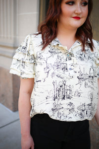 Cream and Black Paris Print Top